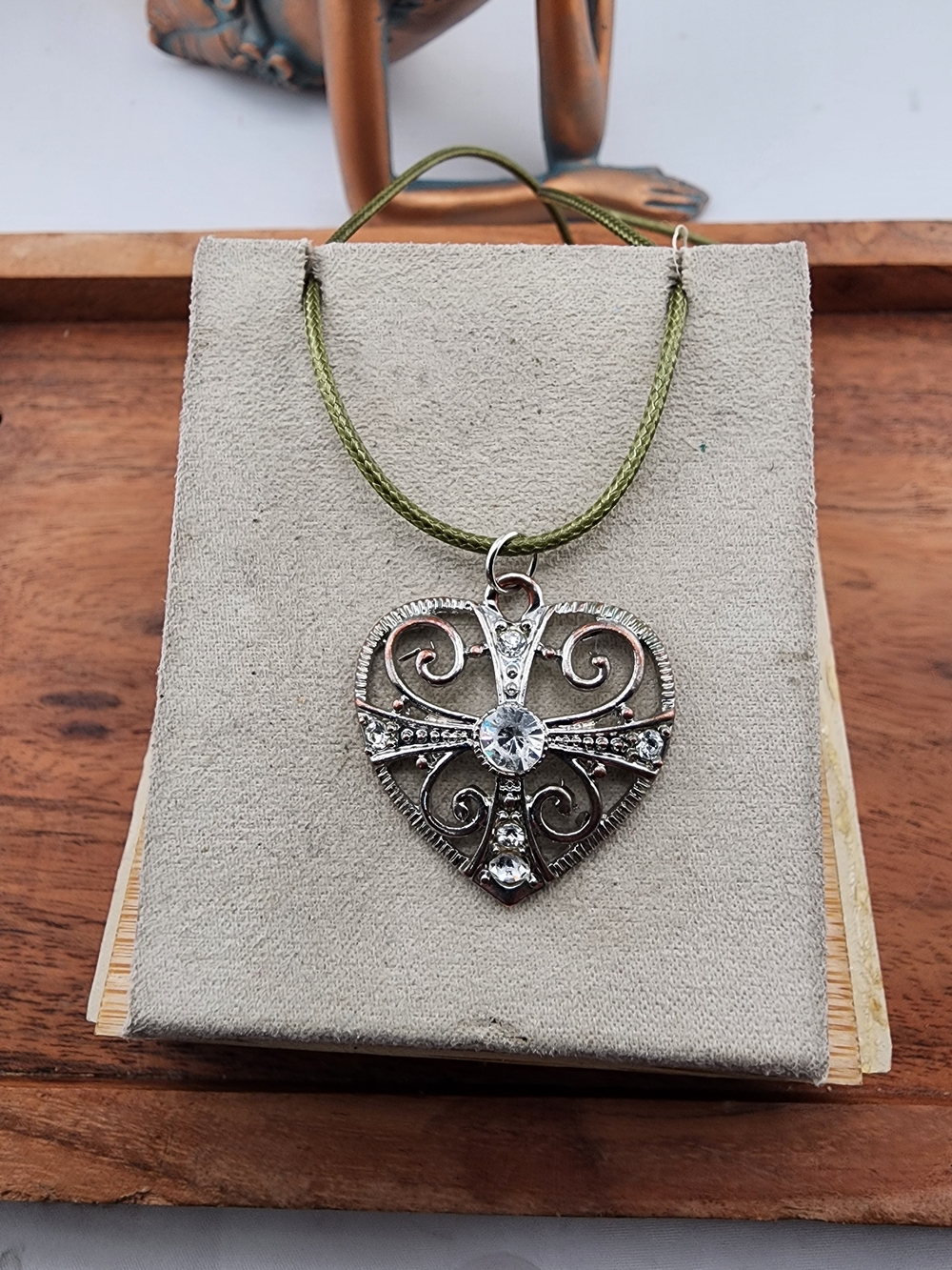Filigree Heart Pendant Necklace with Olive Green Cord